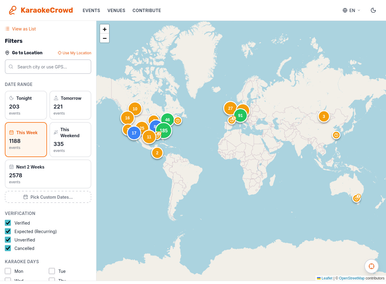 KaraokeCrowd map showing karaoke events around the world